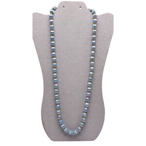 Vintage Blue Satin Bead Necklace With Gold Tone Spacers No Clasp